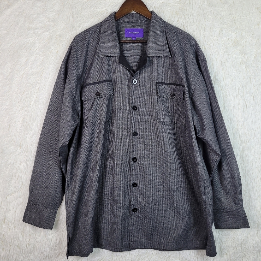 Statement‎ Italy Mens 3XL Gray & Black Trim Camp Collar Button Up Shirt Party